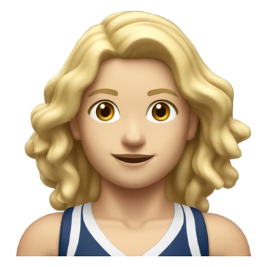 A girl with long blonde hair with wide shoulders wearing a Great Britain rowing swimming suit and has small muscles and add a necklace that has a sea shell pendant on it. She must have a  necklace around the neck and the pendant is on her chest sticker