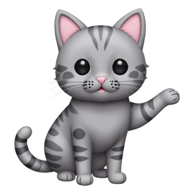 Gray cat stuffed animal standing on two legs with black small ovals for eyes and pink circles for blush and a tiny oval and a w for a mouth and nose that connect with black lines for whiskers and the right arm is a dark gray color sticker