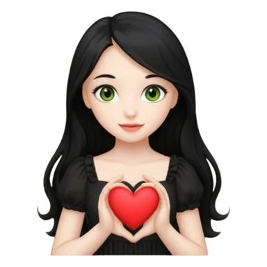 Pale girl with long black hair and olive green eyes soft smile wearing black dress and holding a heart sticker