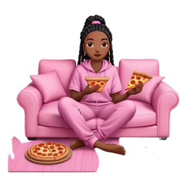 A dark-brown-skinned Black woman with black box braids, sitting on a pink couch, holding an open pizza box.She’s wearing comfy loungewear, looking relaxed and enjoying her food. sticker