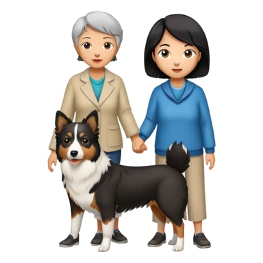 a 60-year-old asian woman with short black hair standing with a border collie sticker