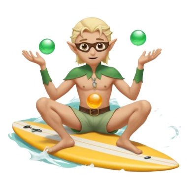 elf male legolas sitting on surfboard (ashore), hands manipulating two orbs of swirling seawater giving a "massage" to his own shoulders, wearing relaxed linen shorts over swimwear, tinted elven sunglasses, pointy ears, content expression, centered emoji sticker