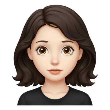 Shoulder lenght very dark brown wavy (wavy from the middle of the head, not from the scalp) hair, pale skin, brown eyes , big round nose, soft small lips, girl emoji with a white background and she's wearing a black shirt sticker