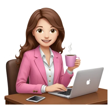 smiling woman with long wavy brown hair, pink blazer, white top, holding coffee and working on laptop — cozy home office background sticker