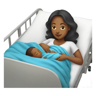pregnant women holding her newborn baby in a blue swaddle blanket and she in laying down on a hospital bed  sticker