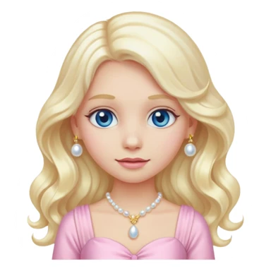 girl emoji with long wavy platinum blonde hair, blue eyes, pale peachy-pink skin, pastel pink fancy dress #f3c3cf, pearl hair clip, and gold jewelry sticker