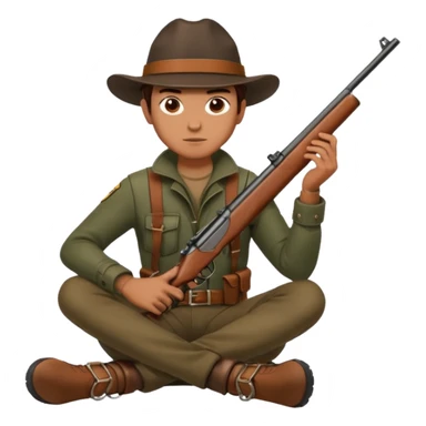 male hunter sitting and holding a rifle, minimal background sticker
