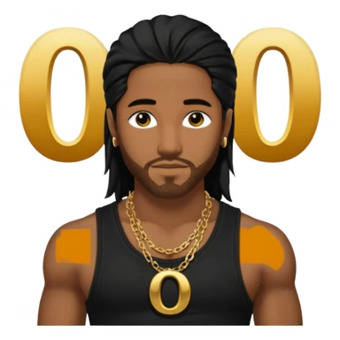 Omarion medium dark skin, long black hair, black tank top with necklace with letter o sticker