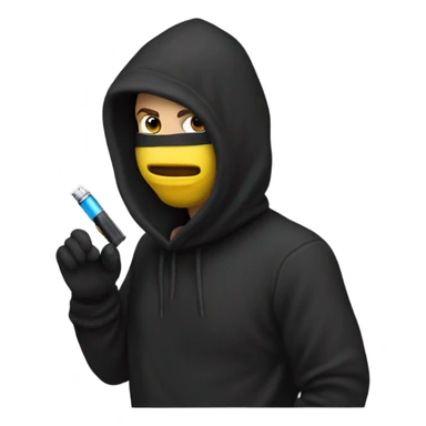 a guy in a black hoodie wearing a balacalava and hitting a vape sticker