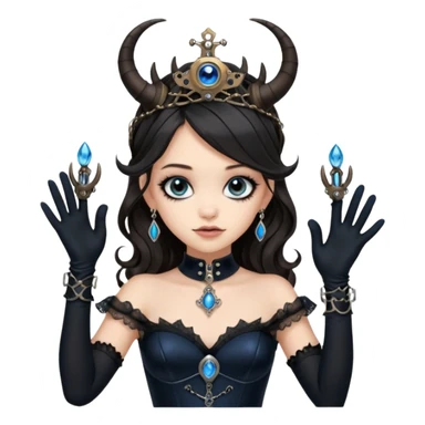 Slim fitting seductive dress Holed and worn Lavish black evening gown with see-through wispy black gloves, holding pose Jenna Ortega as student Addams woman wearing a steampunk style mini tiara, very large blue evil-looking horned old evil eyes  sticker