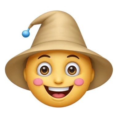 A crazy, laughing emoji with a funnel hat on its head. Exaggerated wide smile, big expressive eyes, playful and silly expression. Cartoon style, clean lines, bright colors, simple background, emoji-style illustration, high quality, centered composition sticker