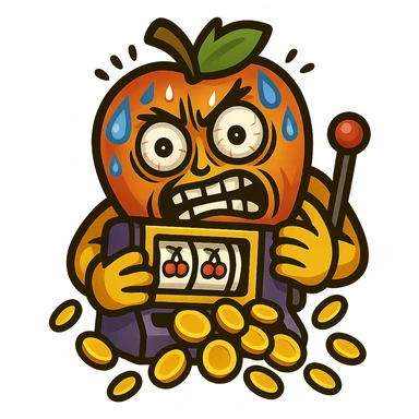 Make the crazed man look even more desperate with wild eyes, frantic expression, sweating, clutching the slot machine, coins spilling out. Style: apple emoji style. sticker