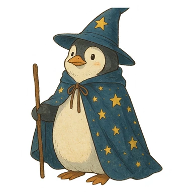 penguin wizard with a starry cloak and pointed hat sticker