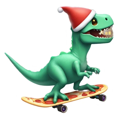 Dinossur riding a skateboard eating ice cream in one hand and pizza inbthe other with a Santa hat in the snow skating by a haunted house with bats flying around it sticker