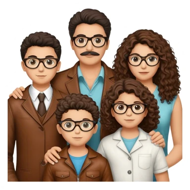 imagen de familia de cuatro personas, mujer pelo rizado castaño y gafas, hombre pelo marron de punta y fuerte, niño de 7 años pelo revuelto y castaño claro y niño de 10 años pelo marron oscuro sticker