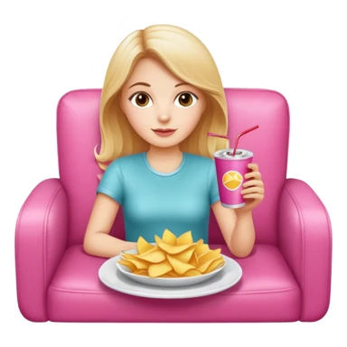 home white girl with plate of chips and soda drink, sitting at the pink sofa sticker
