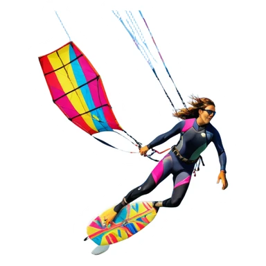 A vibrant kite soaring high in the sky, attached to a kiteboarder riding the waves below. The scene is filled with bright colors, capturing the energy of the sport. The background features the ocean, wind-blown waves, and a clear sky, showcasing the excitement and freedom of kiting. sticker
