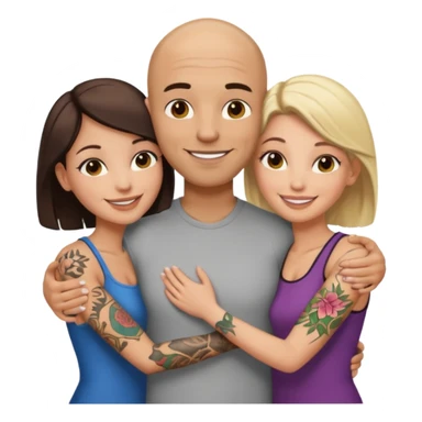 throuple tattooed bbald male with topless naked big boobed brunette and topless naked big boobed blonde girlfriends  loving  naked thruple sticker