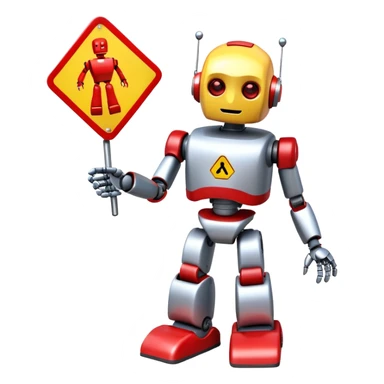 friendly robot with a helping hand and a warning sign representing an AI agent for reporting child abuse sticker