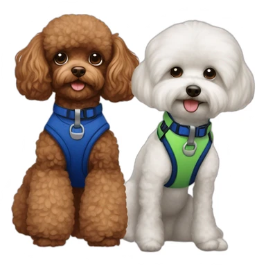 Brown toy poodle wearing dark blue harness and all white Maltese wearing green harness sticker