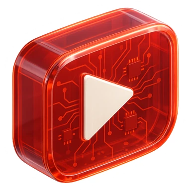 YouTube play button, white, centered, red background with glowing effect, glossy circuit style sticker