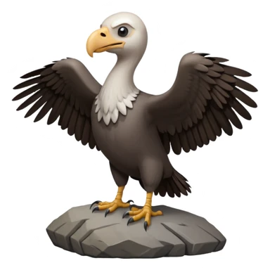 a vulture — large bird with dark brown feathers, bald WHİTE head, curved beak and sharp eyes — standing proudly on a rock — wings slightly open — realistic yet cute cartoon emoji look, clean lighting, soft shadows. sticker