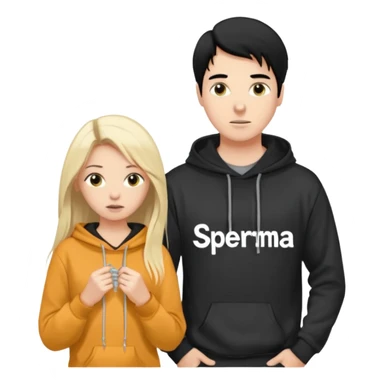 I want it to be this emote 🙍‍♂️
of a white guy with black hair and a black sweatshirt with the word "sperma" written in white in the middle. Behind him, there's a pretty blonde with long hair, pulling the string on the first person's hoodie. The girl is wearing a gray sweatshirt. sticker