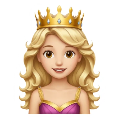 Cheerful blonde princess with wavy hair and light gold dress, wearing crown sticker