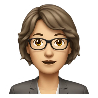 middle-aged accounting woman with middle-lenght brown hairs, a bang and glasses sticker