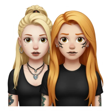 girl with long blonde hair, black tattoos and a septum piercing next to an athletic ginger girl and a septum piercing sticker