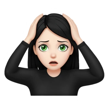 A realistic waist-up portrait of a frightened woman with her hands on her head, black hair and green eyes sticker