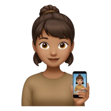 In Apple Memoji format, a girl with dark brown hair. She has bangs and her hair is in a singular high bun. The girl is arab and has light brown skin. She is wearing a brown shirt. She is soft smiling, no teeth shown. sticker