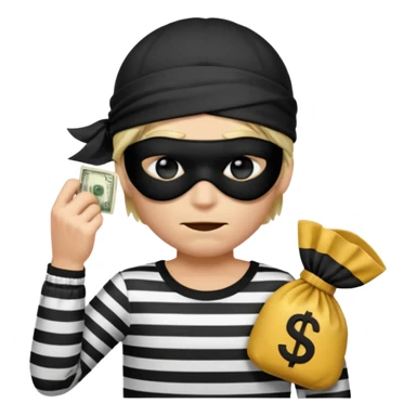 a short ios emoji-style portrait of a classic burglar, a black eye mask (looks like a blindfold) and a black-and-white striped shirt. emoji-like hair, black hat, ONE bag of money 💰 with a dollar sign in a right corner, evil expression WITHOUT a hand  sticker
