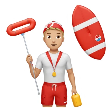 Male lifeguard – red shorts, whistle around neck, holding rescue float. sticker