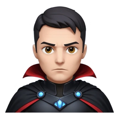 dark sci-fi villain portrait, head and shoulders only, black armor, cape collar, intense eyes, dramatic lighting, 3D cartoon, mobile game icon, clean background, no text
 sticker