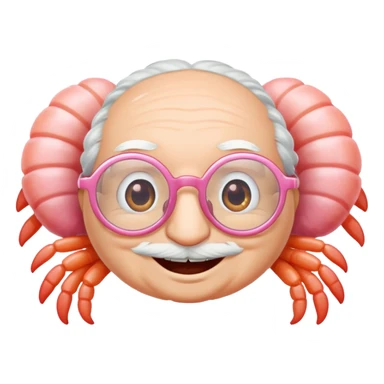 a little shrimp that is old with white hair and glasses, elderly shrimp character with white eyebrows and hair, wearing round glasses sticker