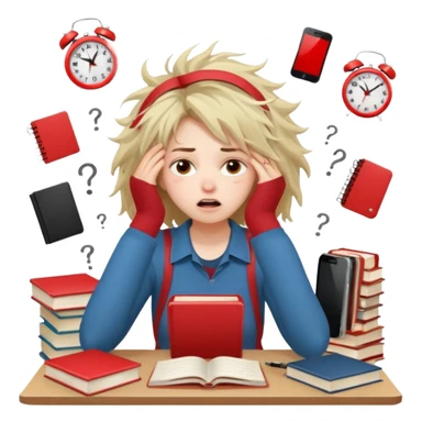 A student girl is sitting in a panic and chaos. On the table, there are a bunch of books, notebooks, and a phone with a red alarm clock on the screen. sticker