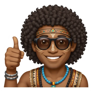 African Black tribal man with curly hair, traditional tribal face paint, wearing sunglasses, smiling, thumbs up sticker