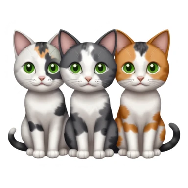 3 different coloured small cats including a dark grey and white, and a patchy calico with hazel eyes and a completely solid dark grey with green eyes and only white paws sticker