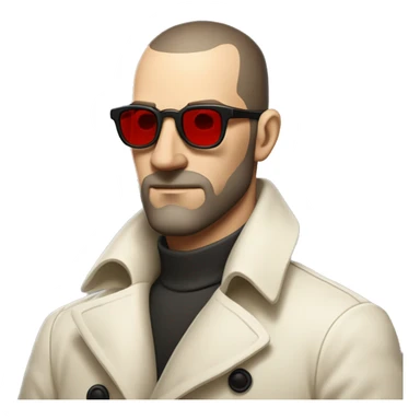 <excerpt>
A 1930s white man with real buzz cut Black hair, beard stubble donning small red tinted sun glasses in a dirty white trench coat, is serious.
</excerpt> sticker