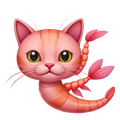 A pink shrimp with a cat's head, shrimp body and tail with cat face sticker