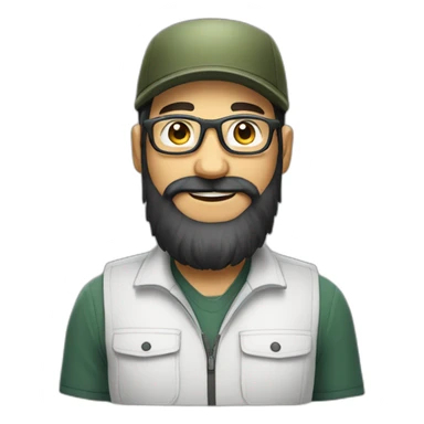 full body of an happy gardener face long dark beard and short dark hair with little transparent glasses and a army cap sticker