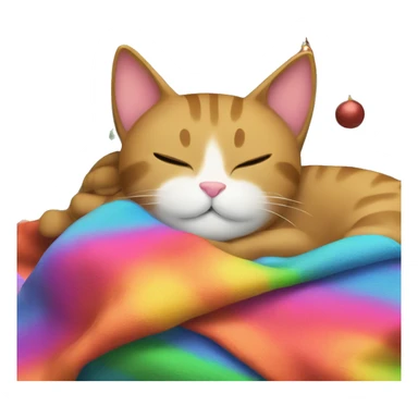 Rainbow cat sleeping with a blanket over it next to a Christmas tree sticker