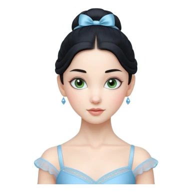Cinematic Realistic ballerina Medium Blue Portrait, depicted with lifelike skin texture, subtle rosy undertones, and soft natural lighting that enhances the gentle contours of her face. Her intricately detailed sweet black hair is elegantly styled, green eyes sticker
