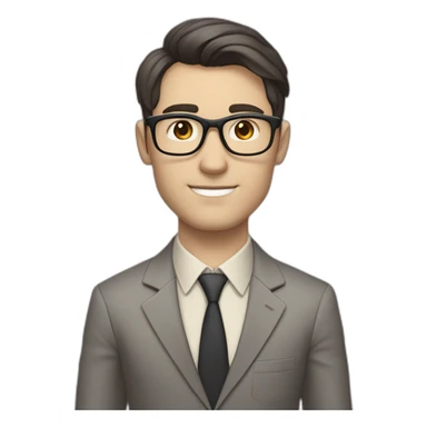 Full height Pale skinned Fit Man With dark brown hair in classic gray suit, beige office shirt, dark gray tie, and vintage glasses. His right hand is directed up sticker