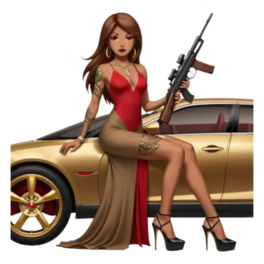 Lilith tan skinfemale red eyes symbol. Tattoo arms. Her hair is brown straight long hair.wearing sexy long elegant dress with slit. black stiletto thick platform high heels shoes on. Sitting on gold giant luxury car with cash inside . She is holding a sniper rifle in one hand cash in other hand sticker
