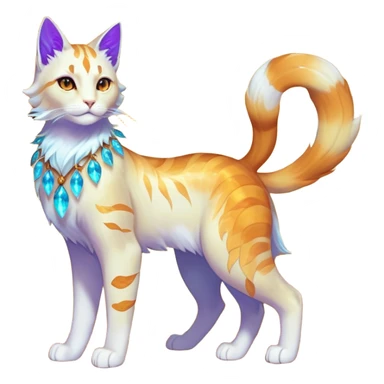 This fascinating hybrid creature combines the crystalline structure of a feline with the warm autumn foliage of a leaf being. Its core body maintains the sleek shape of a cat but is composed of translucent crystals that shift between turquoise blue and amber-orange hues. The creature's face features a blend of feline features with the gentle expression of the leaf being – sharp crystalline ears frame a round, friendly face with glowing purple-amber eyes. Most striking is how autumn leaves emerge from its crystalline body, forming a mane-like collar around its neck and sprouting along its spine and tail. These leaves shimmer with both crystalline properties and natural autumn colors – orange, gold, and deep red – with visible veining that occasionally pulses with energy. When the creature moves, the leaves rustle softly while the crystal body catches light, creating a mesmerizing display of nature and gemstone elements. full body sticker