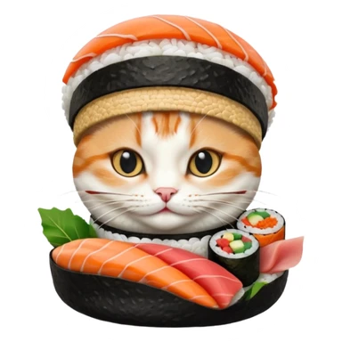 cat wearing a sushi roll as a hat, realistic sushi textures sticker