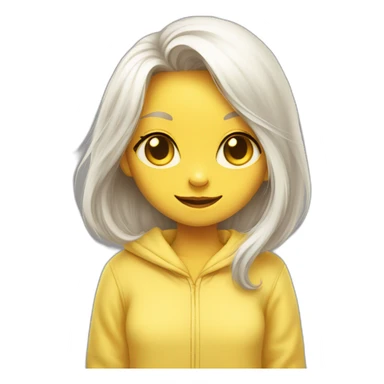 Cat-girl with long white hair yellow eyes in yellow pajamas hiding sticker