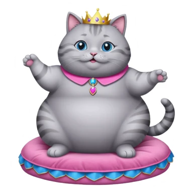 A fat grey cat with blue eyes and pink collor dancing on a cat princess bed sticker